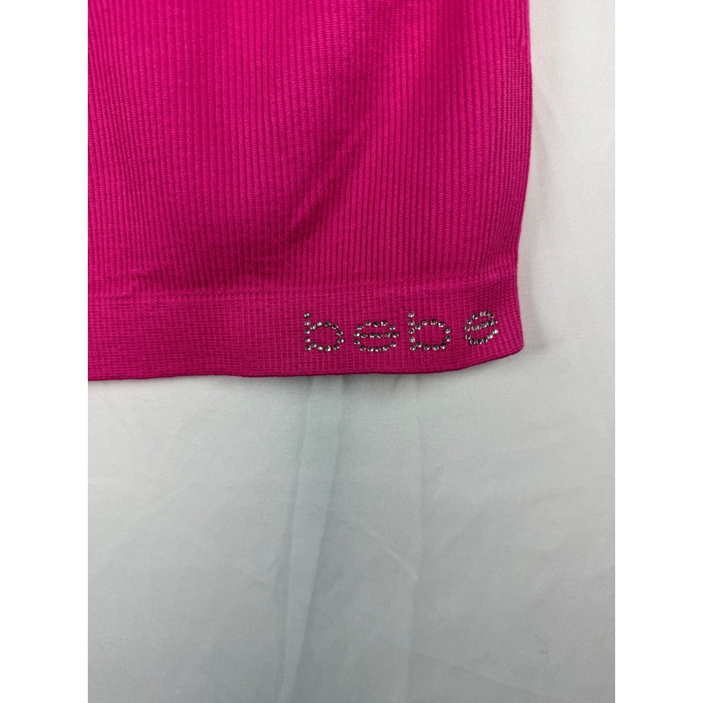 Bebe Womens Hot Pink Ribbed Laser Cut Lattice Neckline Top Rhinestone Logo Small